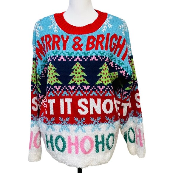 33 Degrees Ugly Christmas Sweater Merry & Bright Colorful Fuzzy Party Oversized - Picture 7 of 12